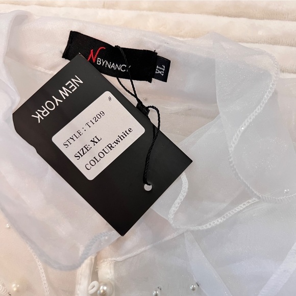 #A015  RomanticStyle EveningGlam  Nancy  White  Organza  Pearl  Ruffle Top NWT M - Picture 9 of 9